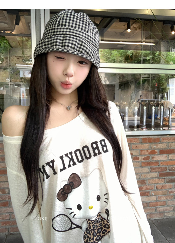 print off-shoulder long-sleeved t-shirt + comfortable straight-leg casual pants set