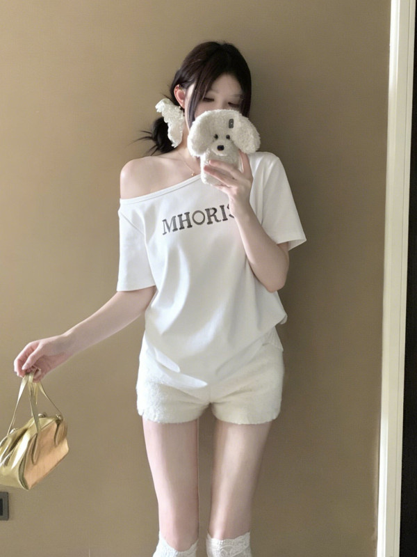 Cotton American Style Hot Girl Off-Shoulder Letter Print Short-Sleeve T-Shirt for Women FFA56976R